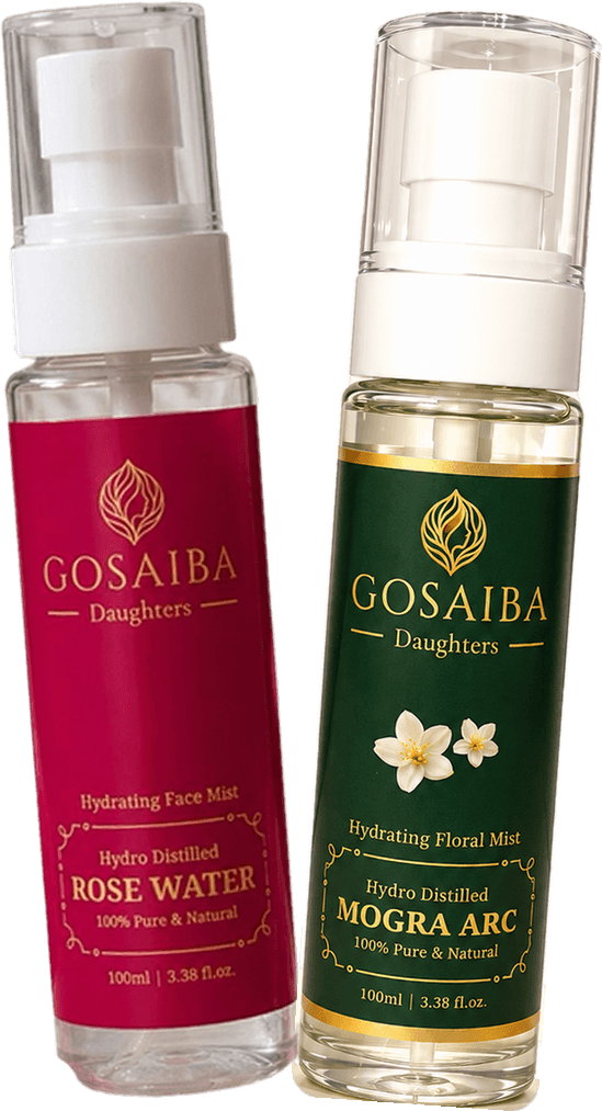 Gosaiba Daughters Rose Water and Mogra Arc — two 100ml floral mist bottles side by side