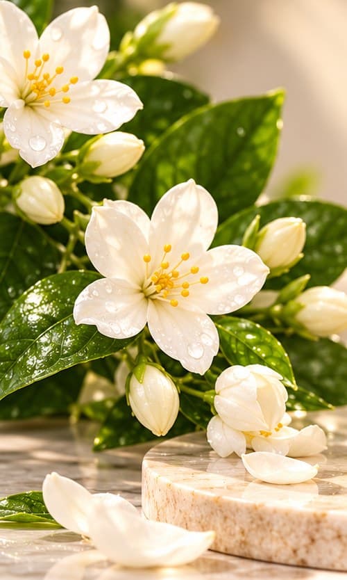 Fresh white mogra jasmine blossoms